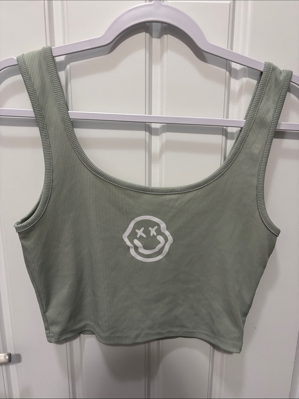 ROMWE Sage Green Ribbed Crop Tank Top with Smiley Graphic